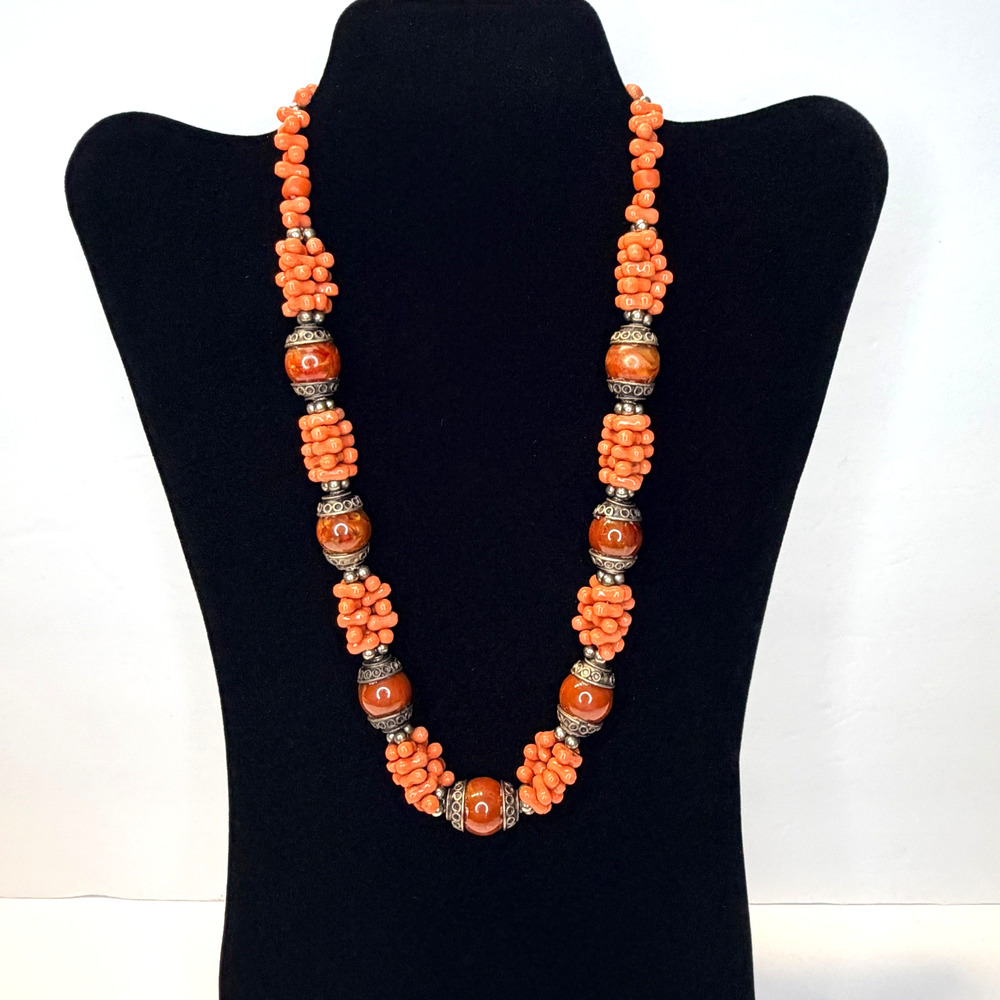 Vintage Tribal Faux Coral & Carnelian Statement Necklace | Boho Ethnic Beaded - Picture 3 of 14